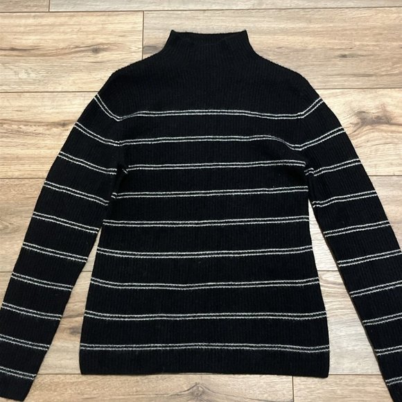 Magaschoni Cashmere Sweater SZ Medium Rib Knit Black White Stripe Mock Neck - Picture 2 of 11